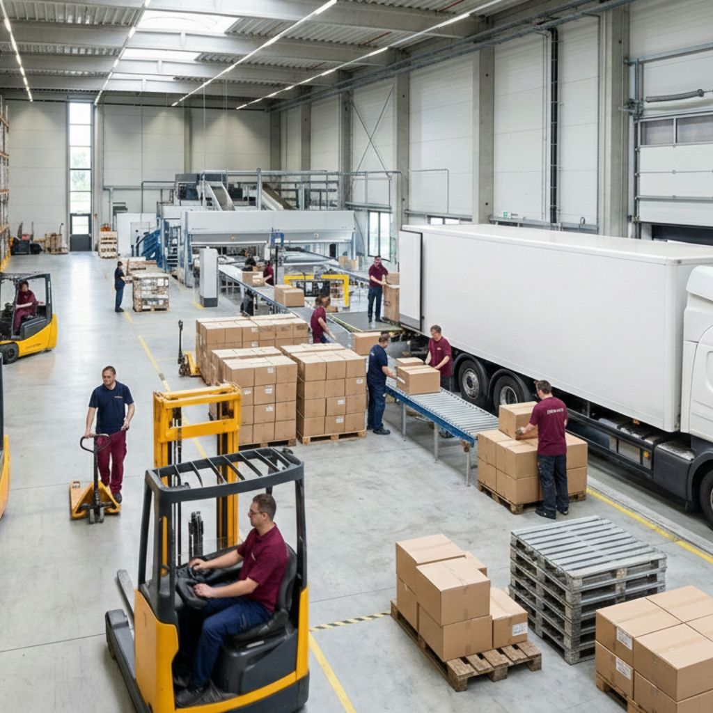 Logistics team managing warehouse operations with cartons, pallets, and transport trucks, professional staff coordinating safe delivery and distribution services