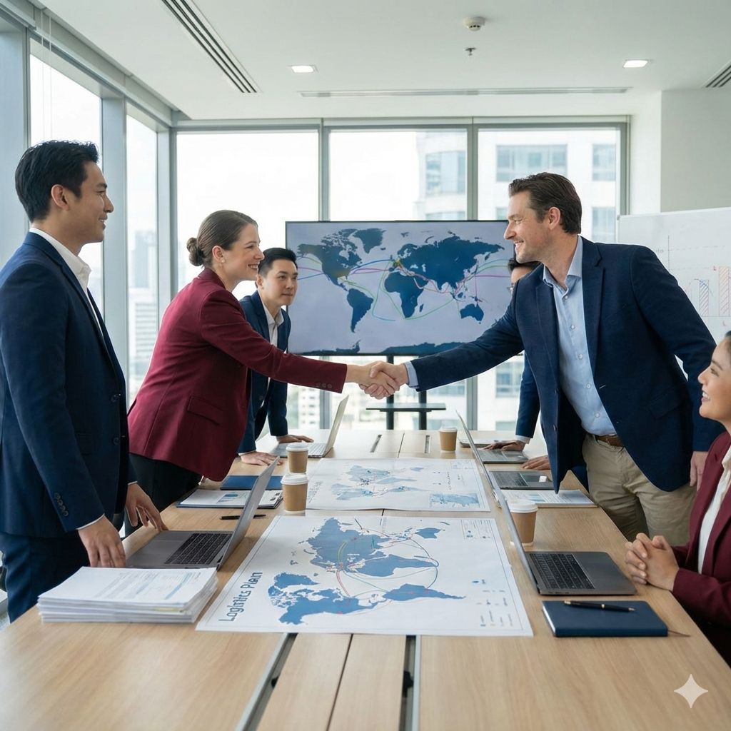 Two business professionals shaking hands in a modern office during logistics partnership meeting, representing trusted relocation partner services and collaboration