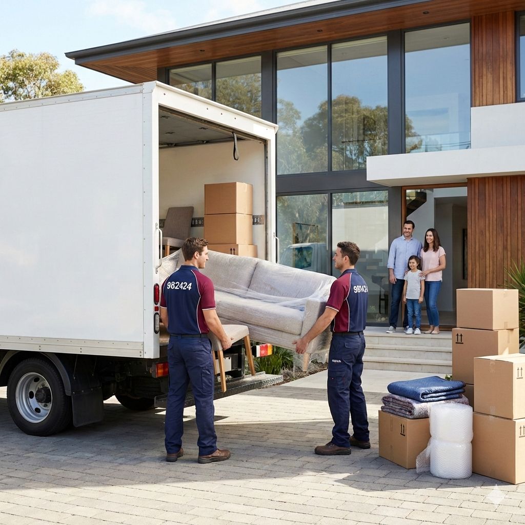 Professional packers and movers loading household goods into a moving truck outside a residential house, movers wearing navy blue and maroon uniforms, safe home relocation service